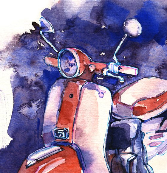 "Retro scooter. White with a red stripe" - watercolor sketch - series "Artist's Diary"
