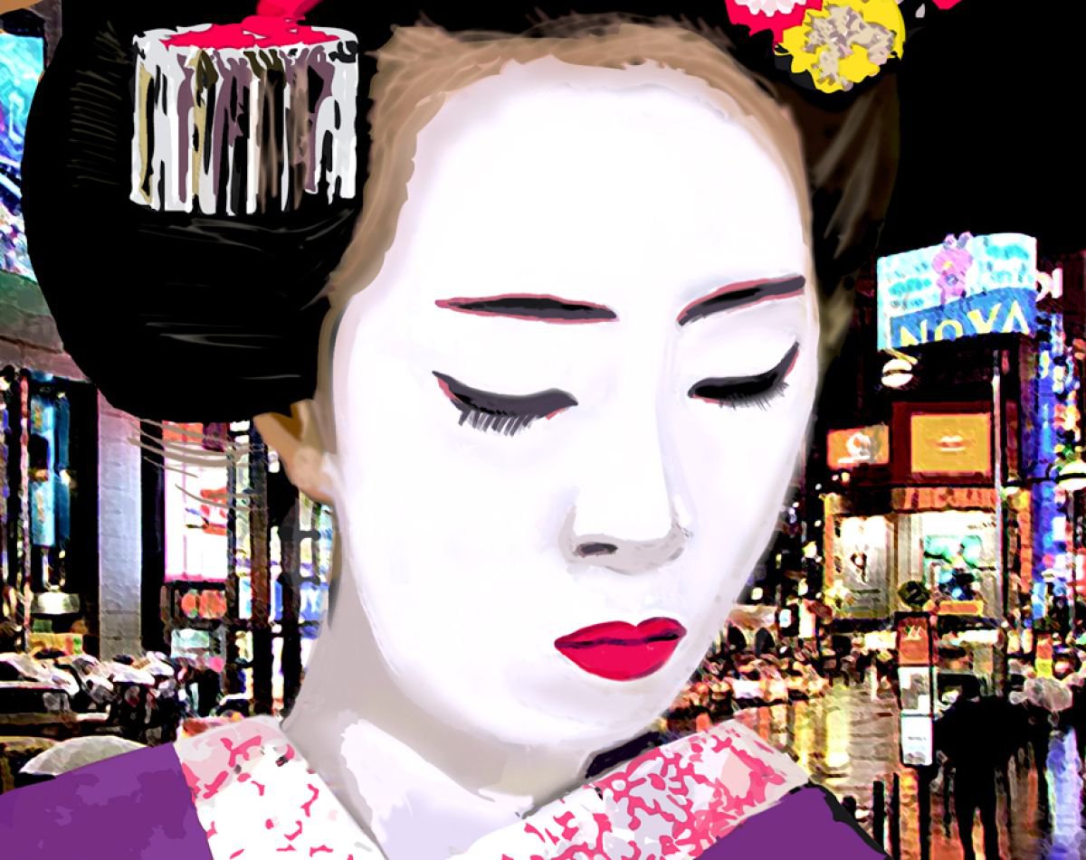 Japanese Geisha with Flowers in Tokyo by Alex Solodov