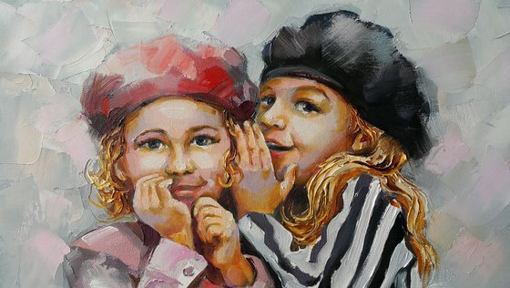 Painting oil, girlfriends " Little secrets" , oil, canvas, pallete knife