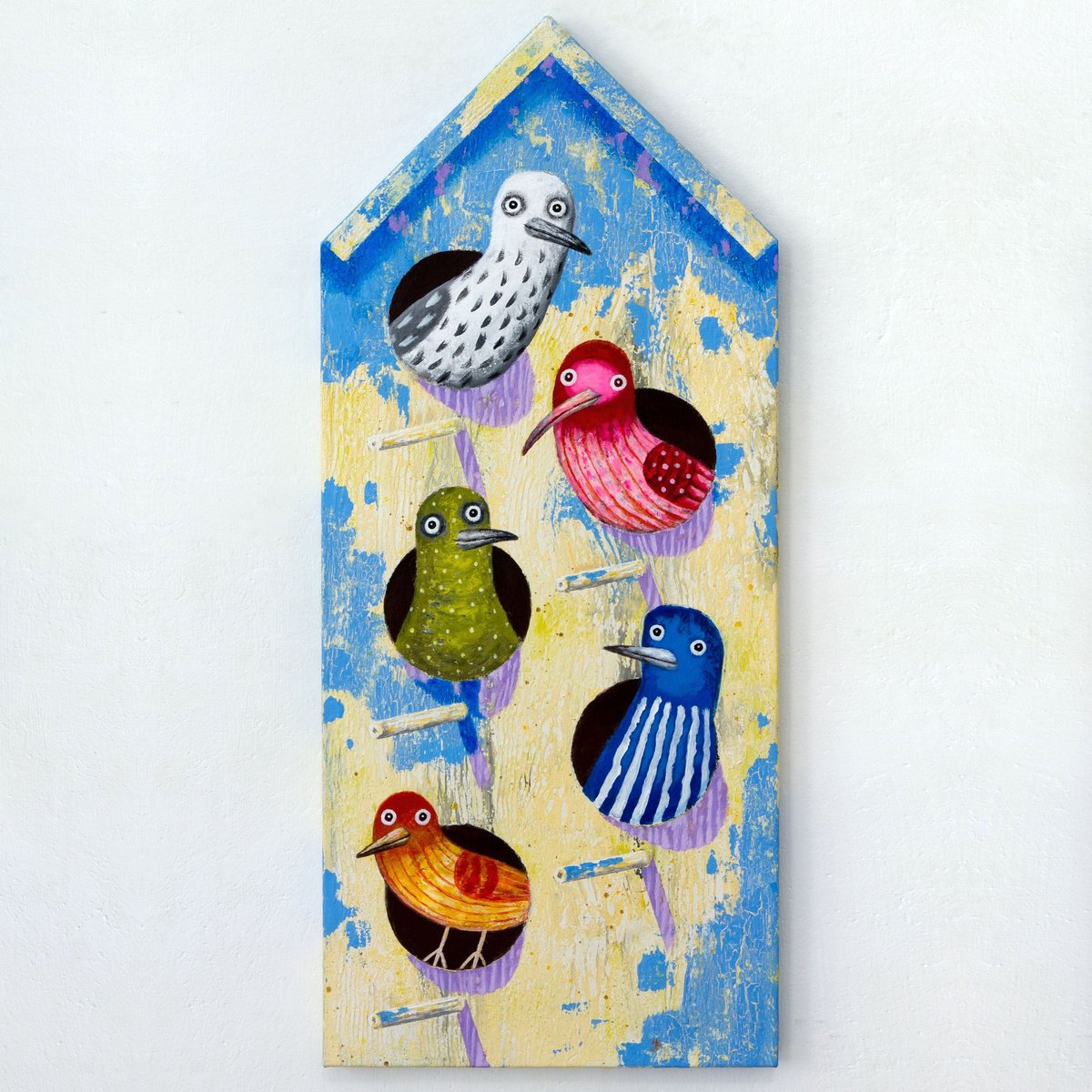 Naive Animal Acrylic Painting By Oleksandr Korol, 12 X 28", Birdhouse #6, Original Artwork