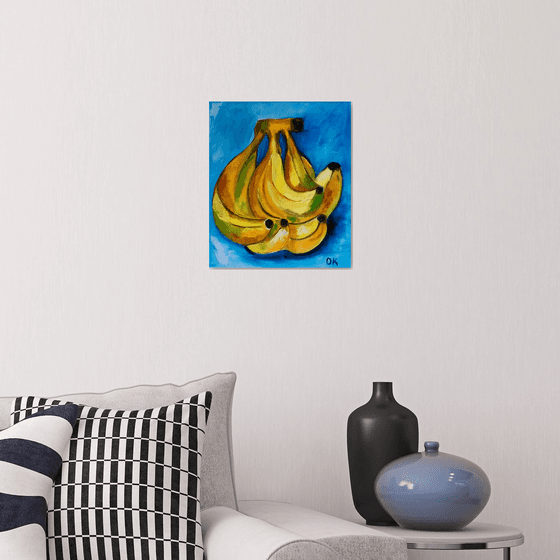 Bananas on  turquoise  Still life. Palette knife painting on linen canvas