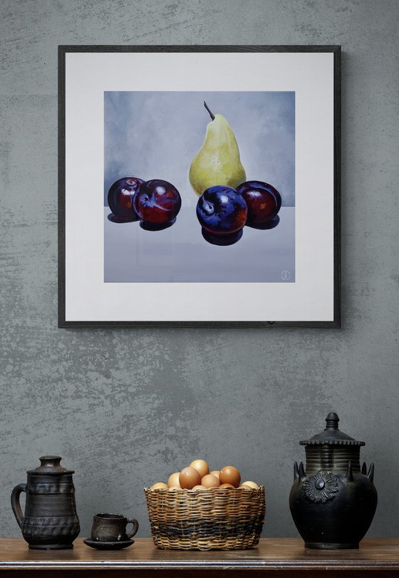 Still life plums and pear