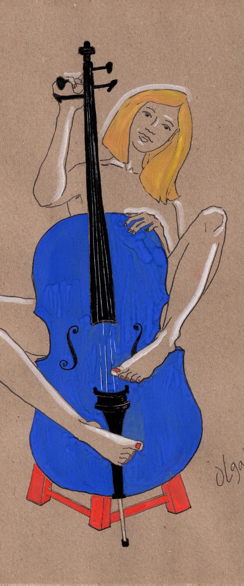Nude woman portrait with blue cello - Erotic figure study - Sensual gift idea by Olga Ivanova