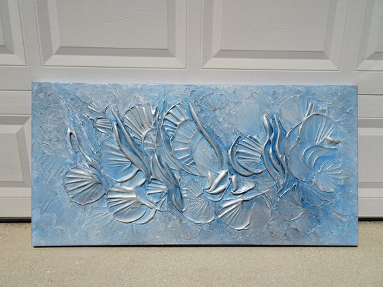 BEACH DREAM. Abstract Blue, Silver Textured 3D Art, Coastal Painting