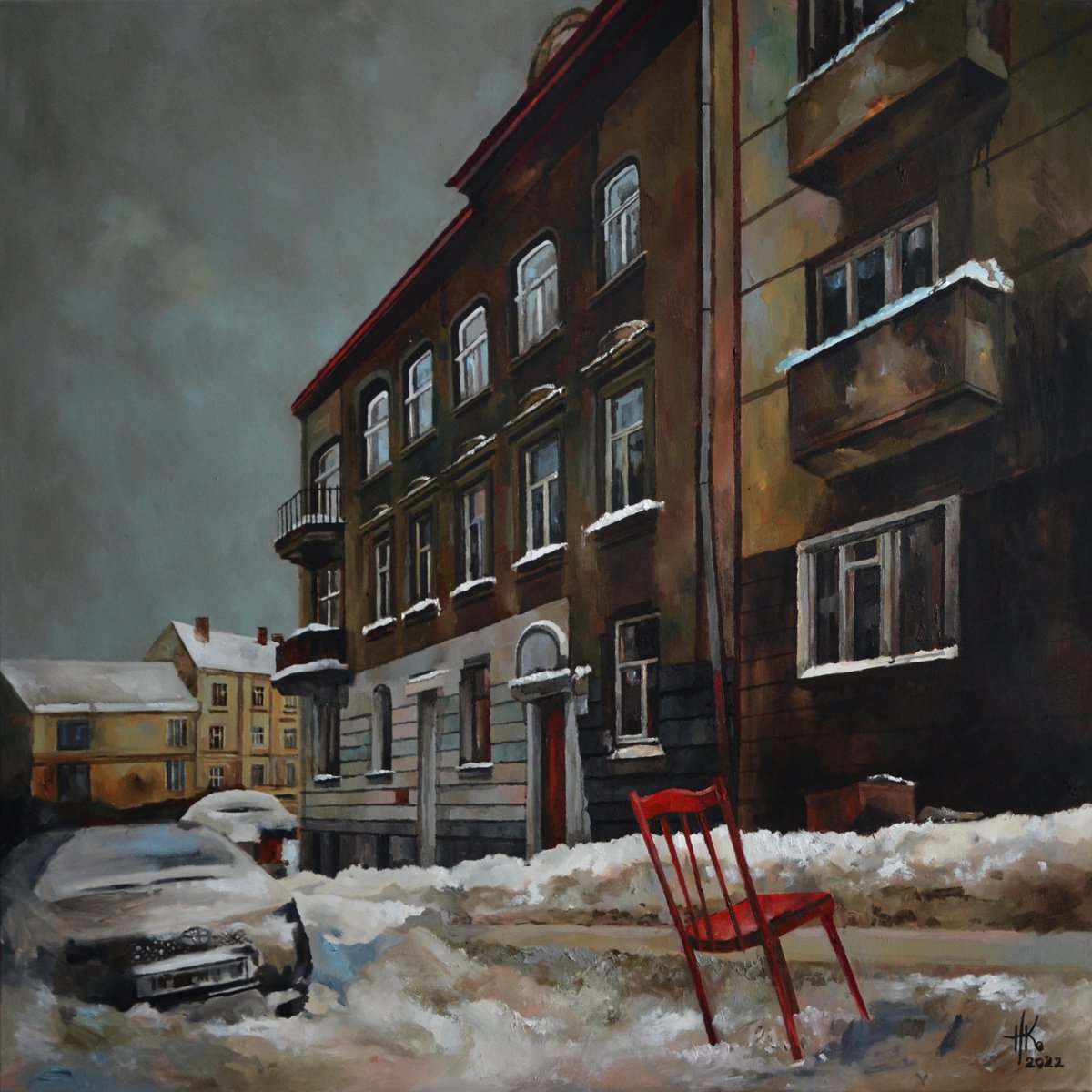 Expressive Cityscapes Oil Painting By Zhanna Kondratenko, 35 X 35", Red Chair, Original Artwork
