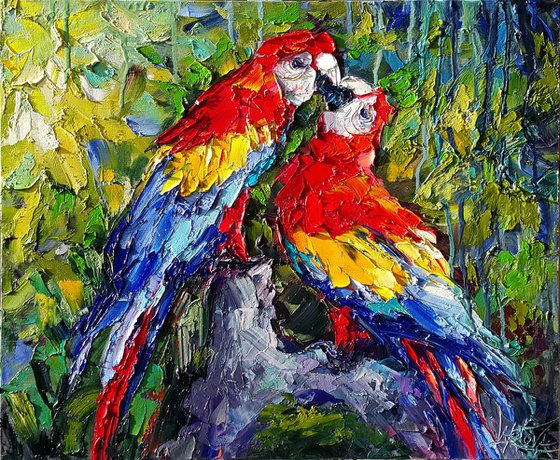 Painting oil " Couple of lovers - Parrots " impasto original artwork