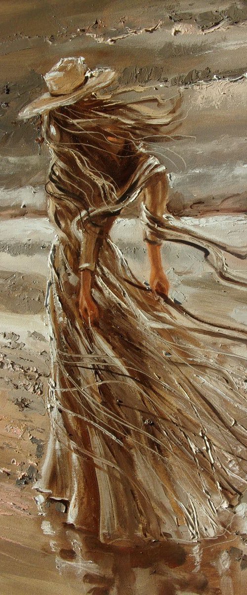 " LADY IN GREY ... "- SEA SAND liGHt  ORIGINAL OIL PAINTING, GIFT, PALETTE KNIFE by Monika Luniak