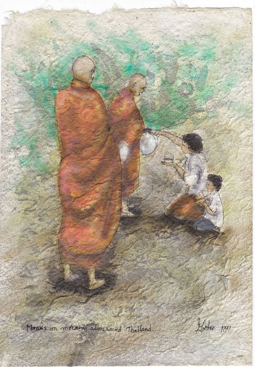 Monks on Morning almsround, Thailand by Gordon T.