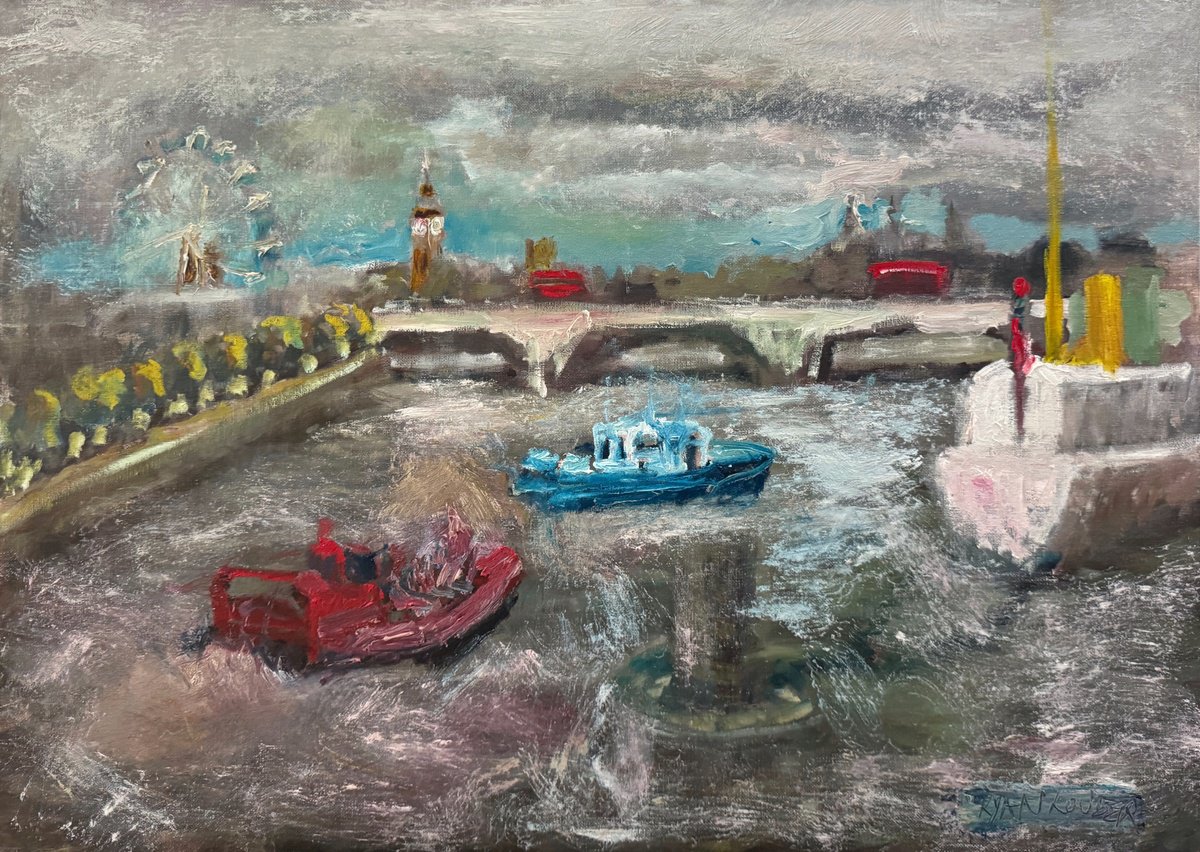 Expressive Cityscapes Painting By Ryan Louder, 26 X 18", The Tide Rising, Original Artwork
