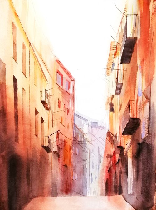 Sunny European Street View Original Watercolor Painting by Natalie Kolos