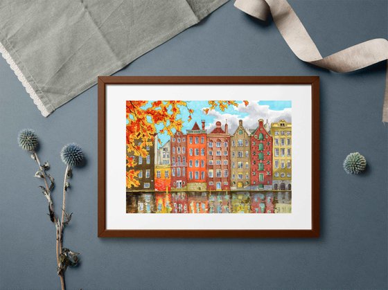 Cityscape with houses of Amsterdam. Autumn city.