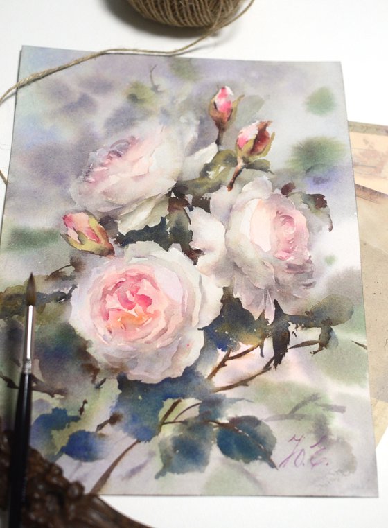 Watercolor roses on grey
