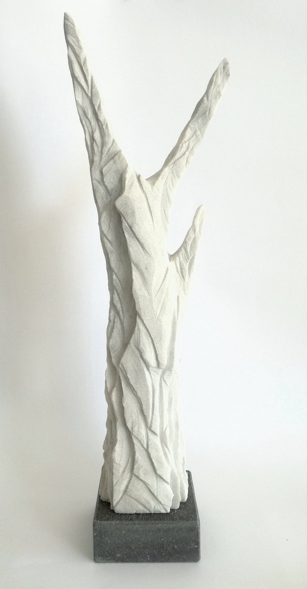 Abstract Botanical Stone Sculpture By Monica Sarandrea, 4 X 22", Thassos Tree, Original Artwork