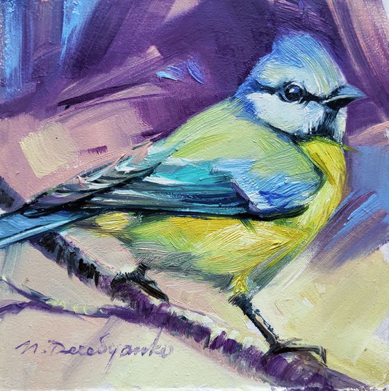 Blue tit bird art painting original 4x4, Small bird artwork in frame, Framed painting of titmouse bird, Pocket bird picture, Christmas gift