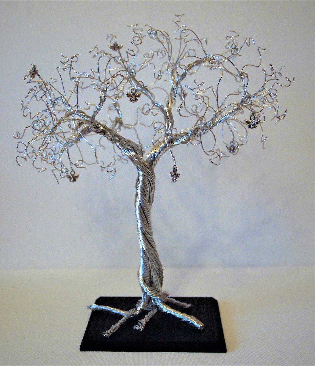 Silver wire tree sculpture with Small Bees by Steph Morgan