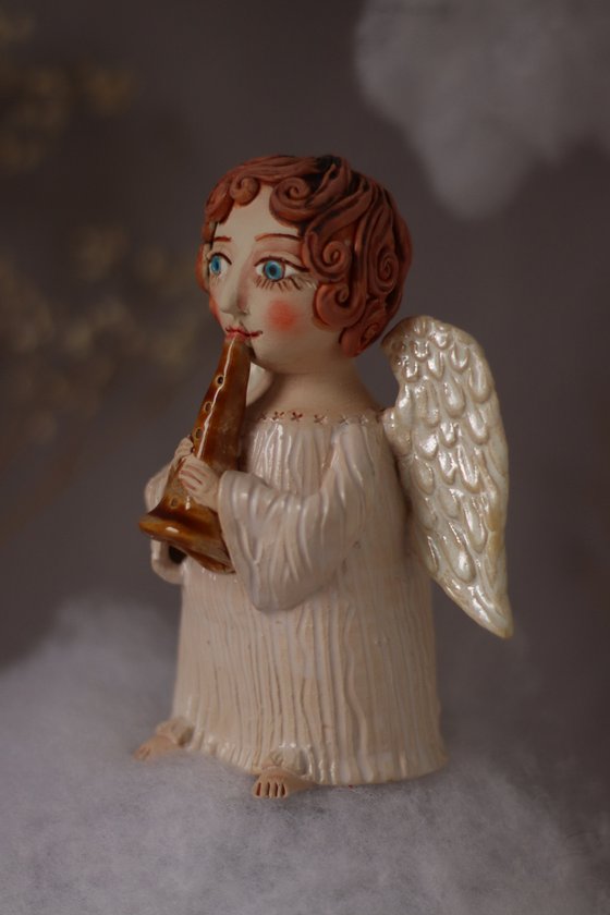 Song of the angel. Angel with a flute OOAK sculpture.