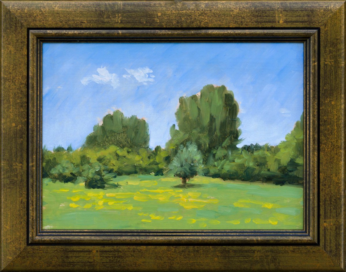 Impressionistic Landscape Oil Painting By Dejan Trajkovic, 11 X 9, Dandelion Field, Original Artwork