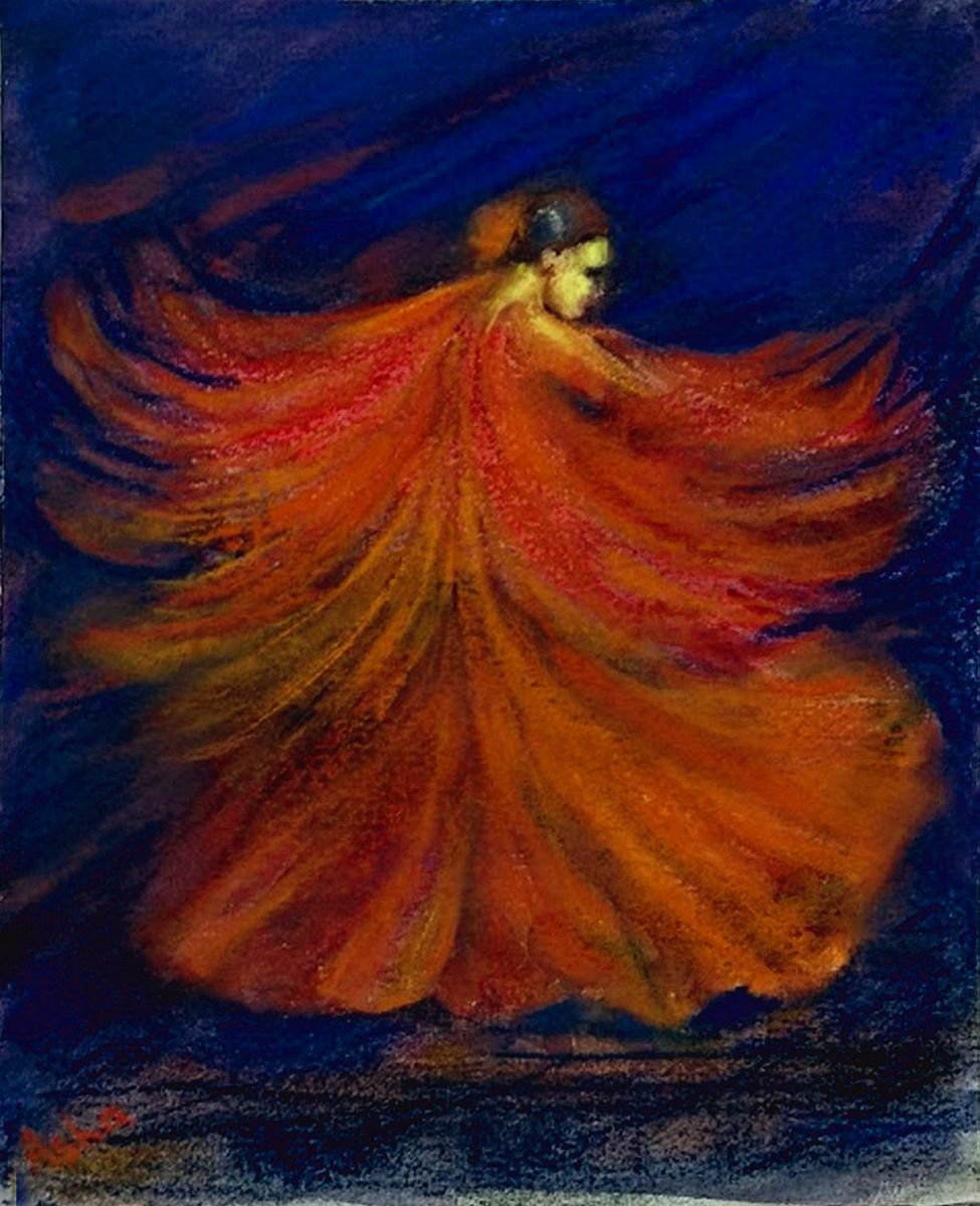 Impressionistic Portrait Pastel Drawing By Asha Shenoy, 10 X 12, Flamenco Dancer 11, Original Artwork