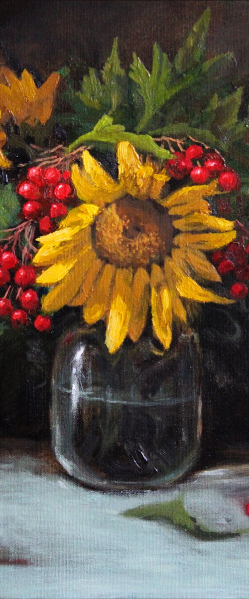 Rowan and sunflowers. 40x40 cm by Linar Ganeev