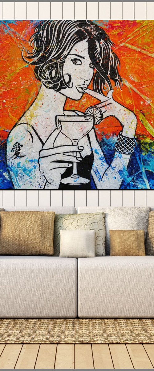 Orange Cocktails at Sunset 160cm x 100cm Orange Cocktail Girl Urban Pop Art by Franko