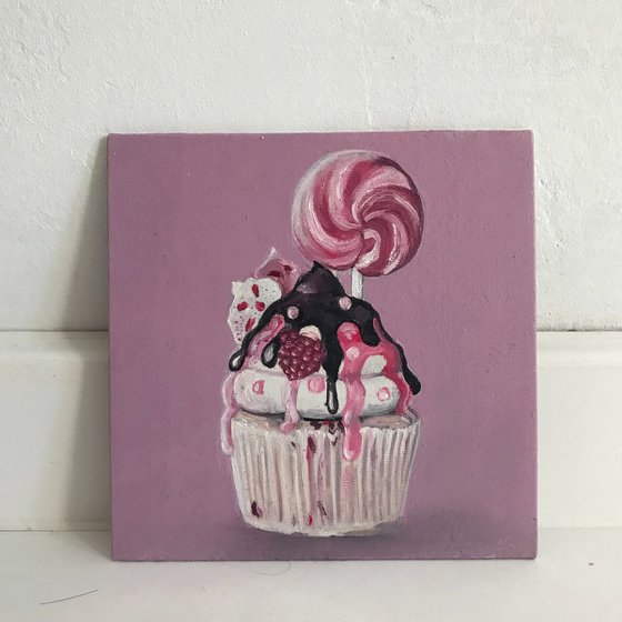 Cupcakes oil art on cardboardc canvas 15x15cm (6x6in)