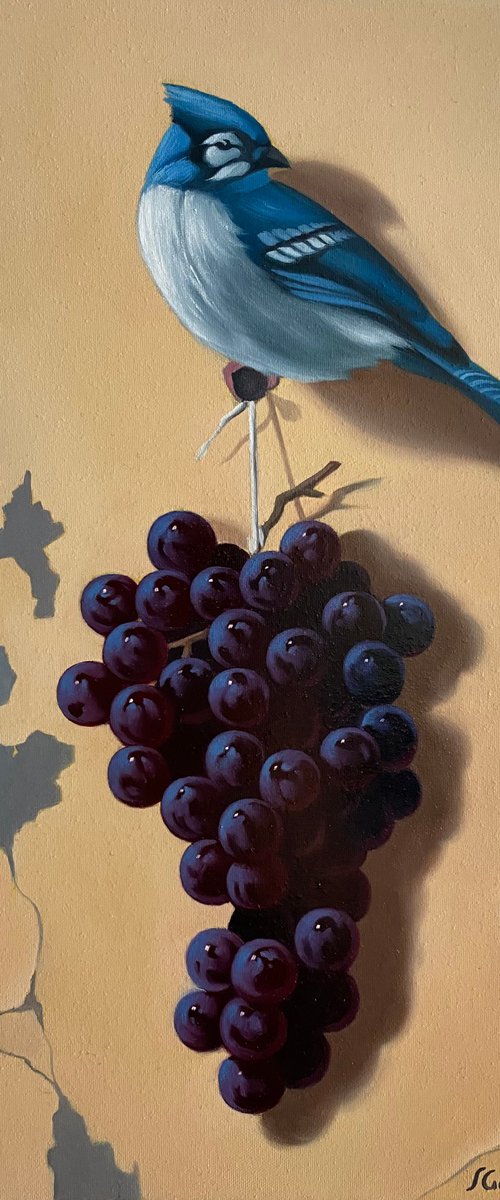 Still life with bird and grape (24x35cm, oil painting, ready to hang) by Ara Gasparian