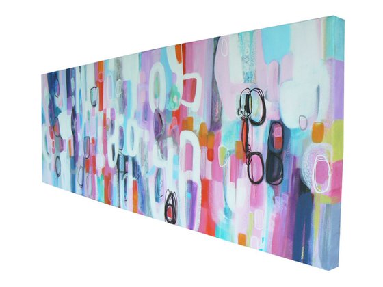 I’ll sing it to you (large landscape format colourful abstract in pinks and purples)