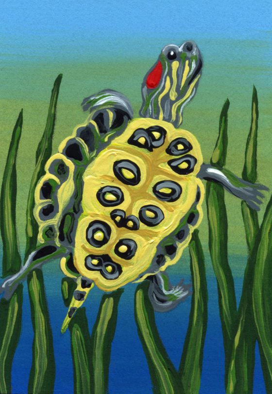 ACEO ATC Original Painting Red Ear Slider Turtle Pet Wildlife Art-Carla Smale