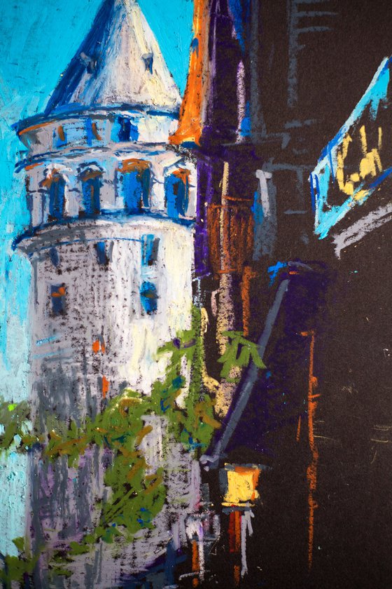 Galata tower in Istanbul. Original oil pastel painting. Small city street scene impressionism impression architecture decor travel turkey urban
