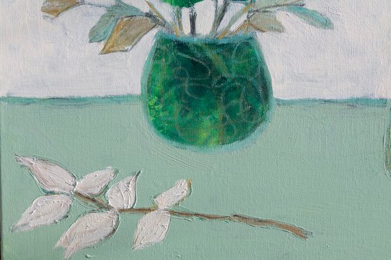 SPECIAL DECORATIVE ART NAIVE STYLE Green pot and jug Fine art Still life Home deco Interior design Wall art Affordable painting