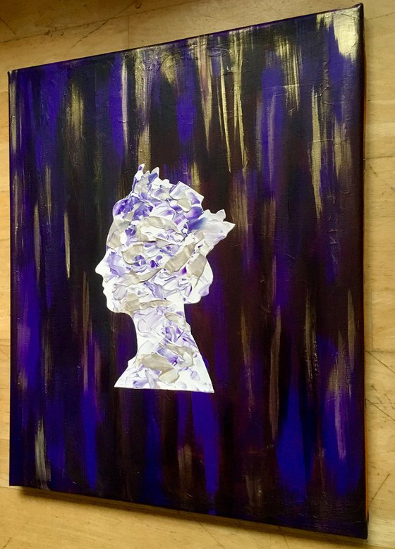 Queen # 94 on deep blue , white and ultramarine, purple and silver  Marble Pattern  PAINTING INSPIRED BY QUEEN ELIZABETH PORTRAIT