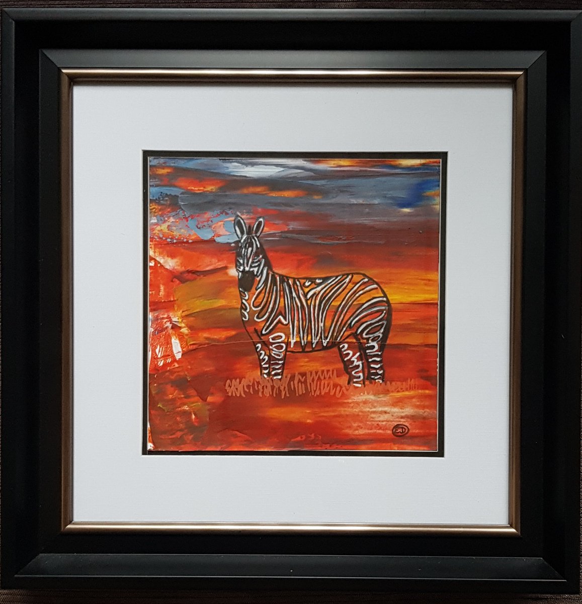 Expressive Animal Acrylic Painting By Els Driesen, 14 X 15, Zebra At Sunset, Original Artwork