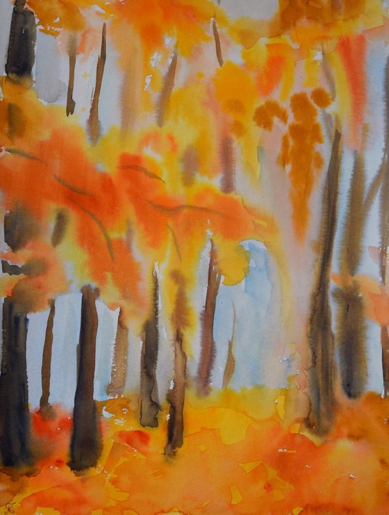 Watercolor painting Golden autumn forest