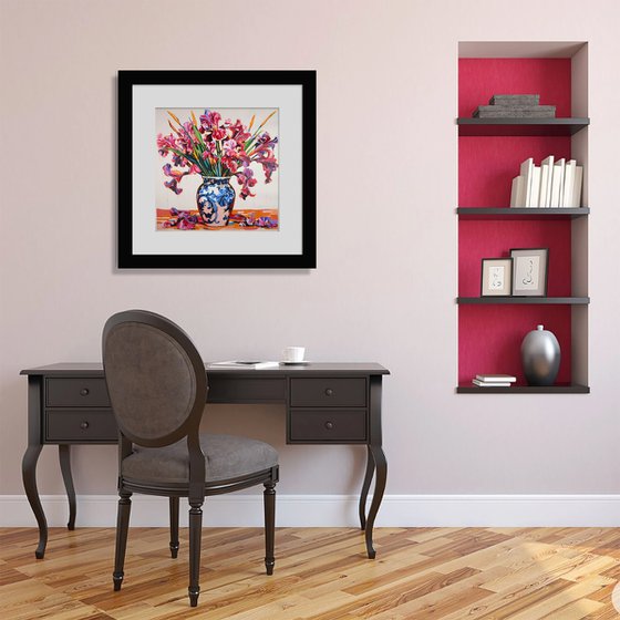 Irises in a porcelain vase