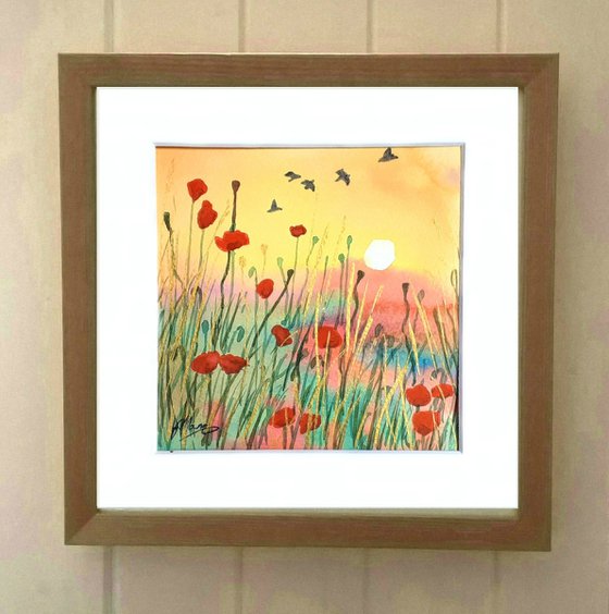 Poppies in the Sun - mounted watercolour, small gift idea