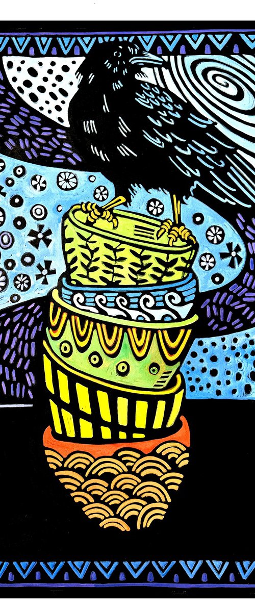Crow With Bowls by Laurel Macdonald