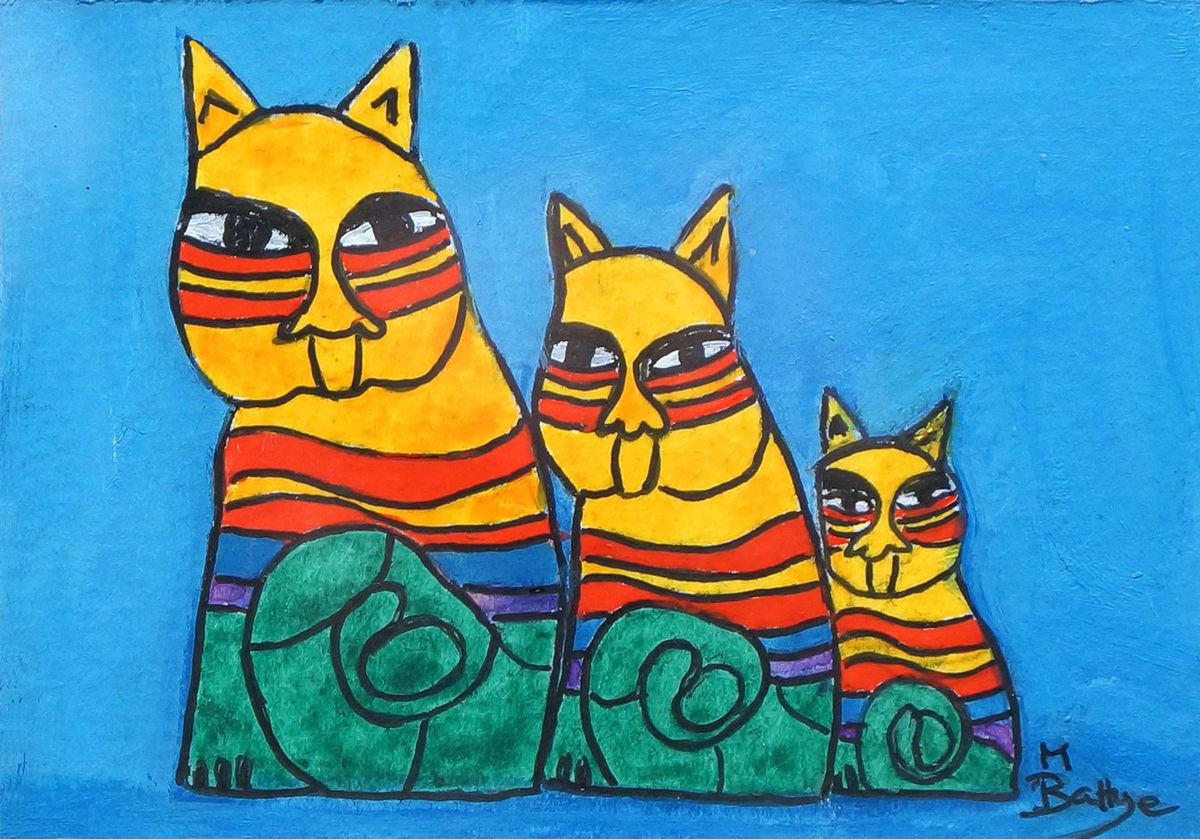 Colourful Cat Family - ACEO Size - Framed - Acrylic Painting by Margaret Battye