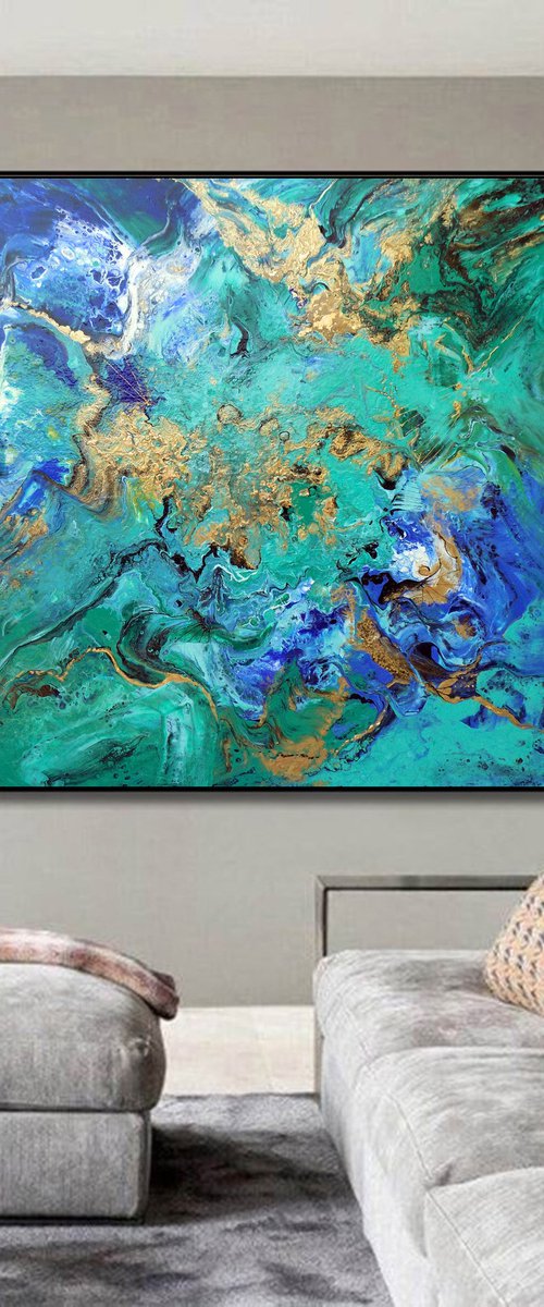 Modern abstract art blue green gold metallic painting ocean colors - Summer Holidays by Areti Ampi