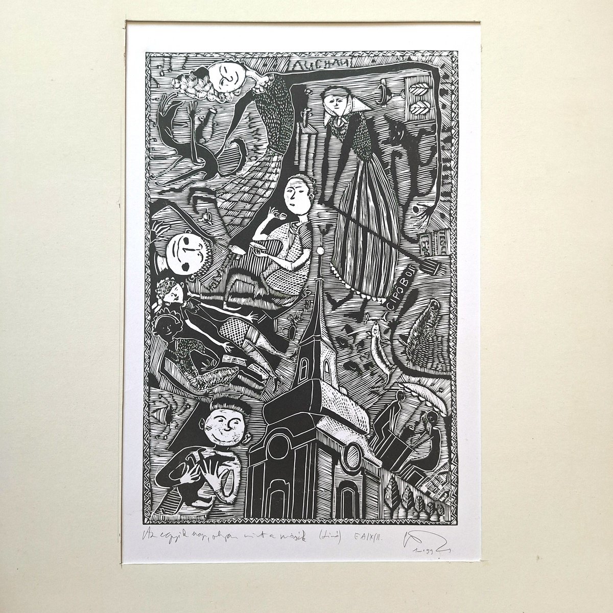 Surrealistic Cityscapes Linocut By Zoltan Csomos, 20 X 28", One Day Is Like Another, Original Artwork