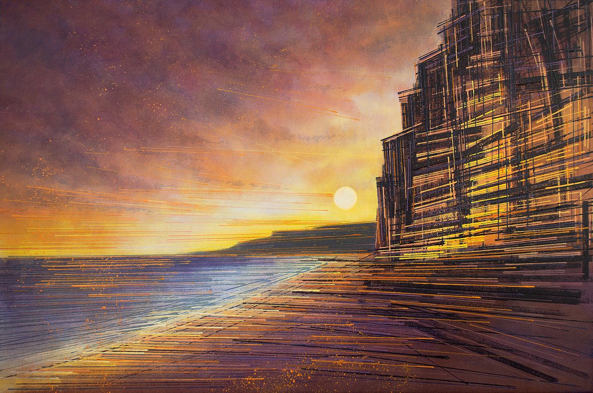 Impressionistic Landscape Acrylic Painting By Marc Todd, 30 X 20", West Bay Cliffs At Sunset, Original Artwork