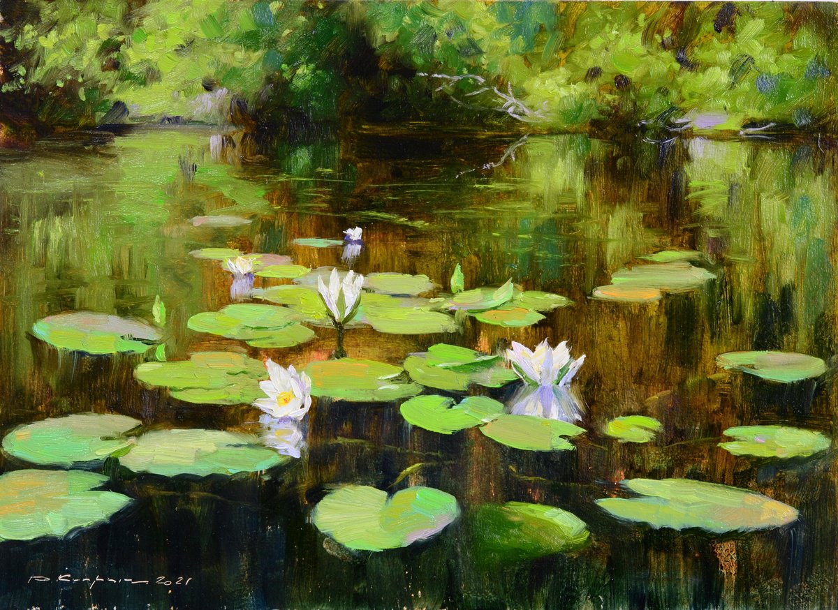 Impressionistic Landscape Oil Painting By Ruslan Kiprych, 12 X 9", Study With Lilies, Original Artwork