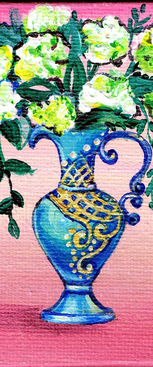 flowers in blue laced golden vase, original acrylic miniature painting, still life by Diana Aleksanian