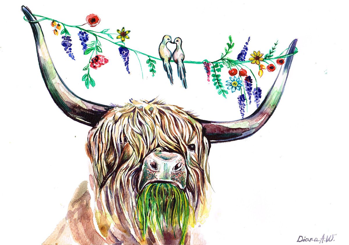 Highland Moo Cow in Spring with Love Birds by Diana Aleksanian