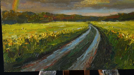 Rainbow Over The Wet Road - sunny summer landscape painting