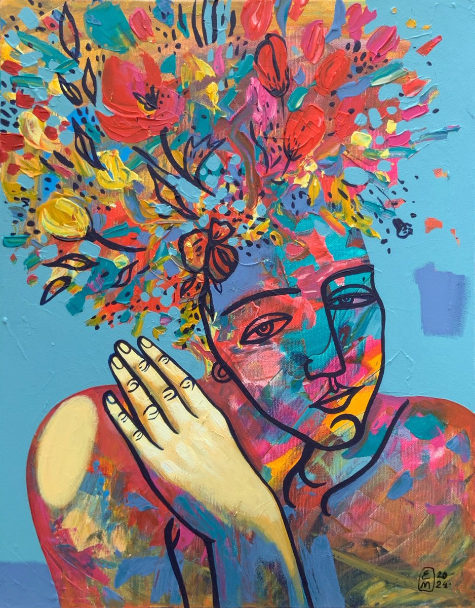 Surrealistic Portrait Acrylic Painting By Elena Tomilova, 16 X 20, Melancholy, Original Artwork