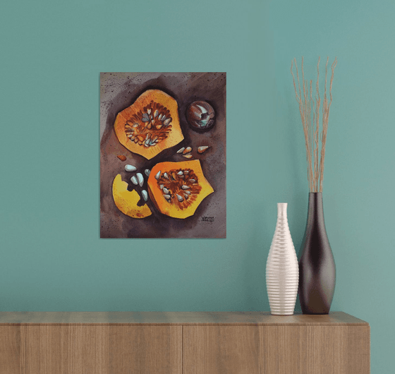 Pumpkin soup. Pumpkins, autumn still life. Home decor