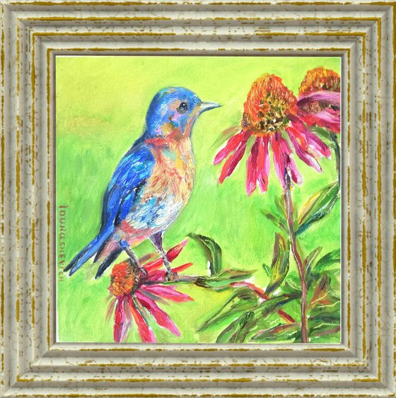 Bird Canvas Painting 8x8 in Oil,Green Miniature,Red Bloom,Original Handmade Artwork,Fantasy Garden,Sweet Portrait,Navy Blue Aesthetic Art