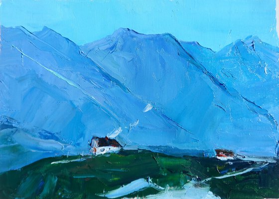 Hause in the Alps Mountains Landscape Small painting Impasto