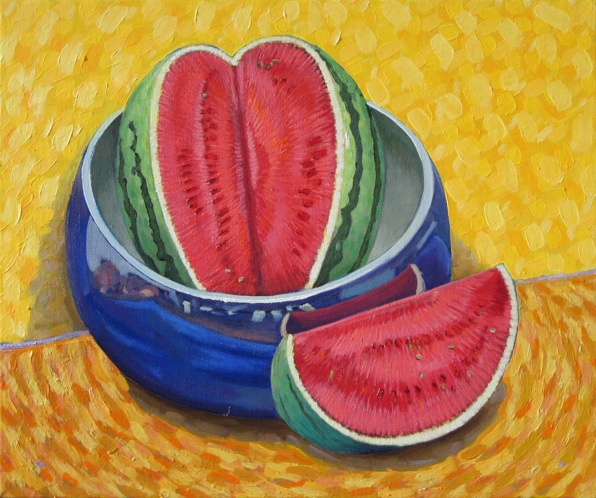 Still Life Oil Painting By Richard Gibson, 22 X 18", Watermelon In A Bowl, Original Artwork