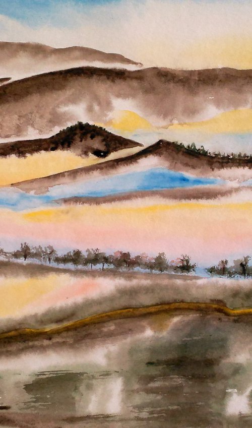 mountains landscape original watercolor painting wet on wet watercolor"Breath of Mountains" by Halyna Kirichenko